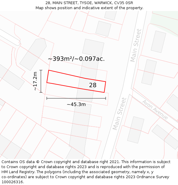 28, MAIN STREET, TYSOE, WARWICK, CV35 0SR: Plot and title map