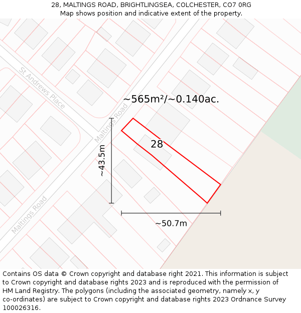 28, MALTINGS ROAD, BRIGHTLINGSEA, COLCHESTER, CO7 0RG: Plot and title map