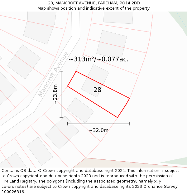 28, MANCROFT AVENUE, FAREHAM, PO14 2BD: Plot and title map