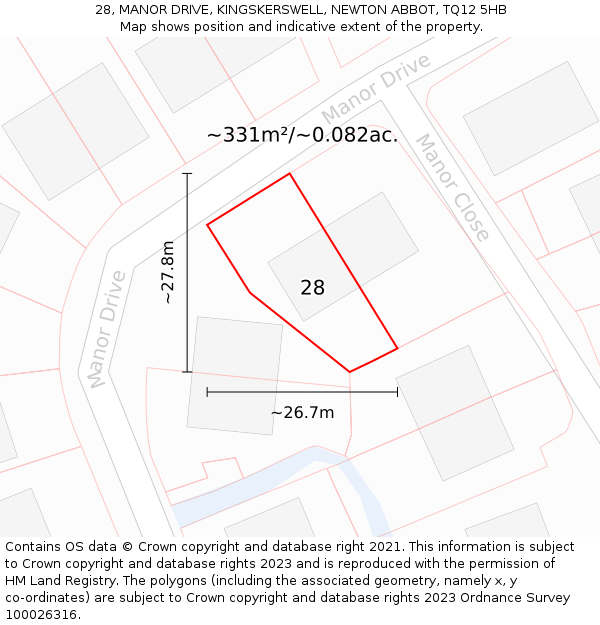 28, MANOR DRIVE, KINGSKERSWELL, NEWTON ABBOT, TQ12 5HB: Plot and title map