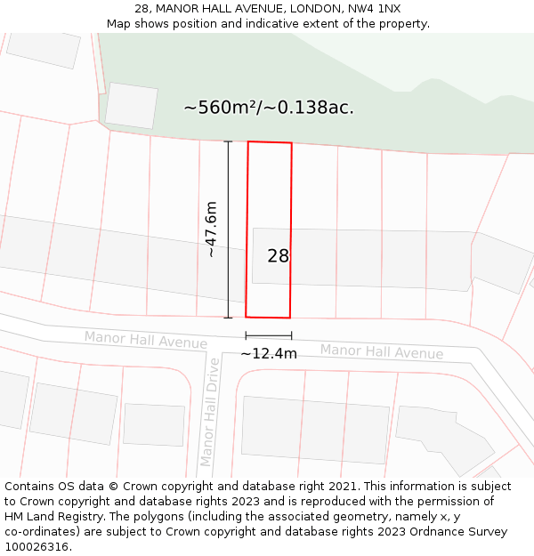 28, MANOR HALL AVENUE, LONDON, NW4 1NX: Plot and title map