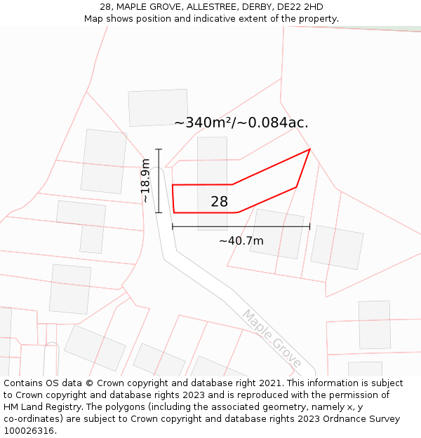 28, MAPLE GROVE, ALLESTREE, DERBY, DE22 2HD: Plot and title map