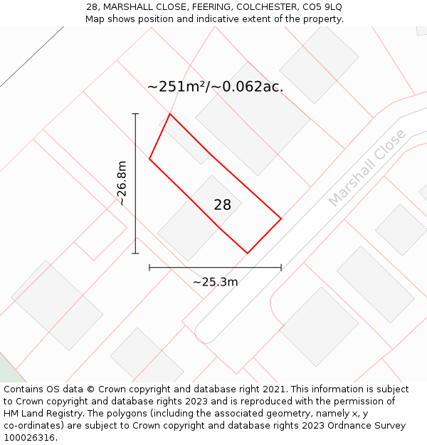 28, MARSHALL CLOSE, FEERING, COLCHESTER, CO5 9LQ: Plot and title map