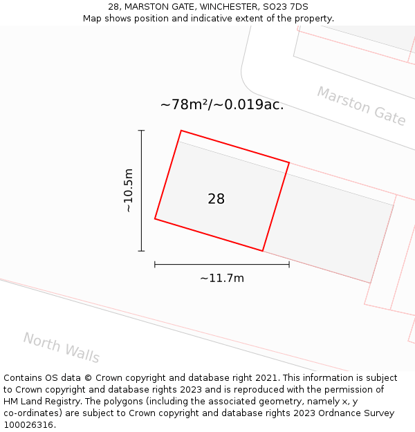 28, MARSTON GATE, WINCHESTER, SO23 7DS: Plot and title map