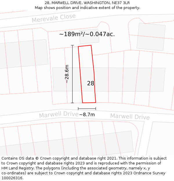 28, MARWELL DRIVE, WASHINGTON, NE37 3LR: Plot and title map