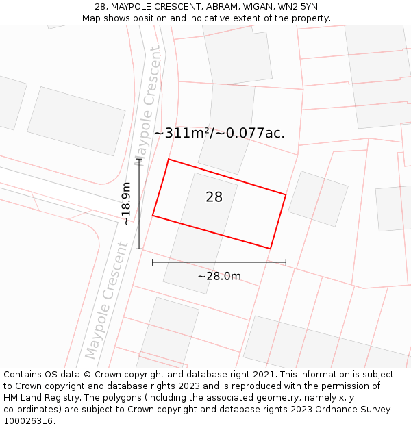 28, MAYPOLE CRESCENT, ABRAM, WIGAN, WN2 5YN: Plot and title map