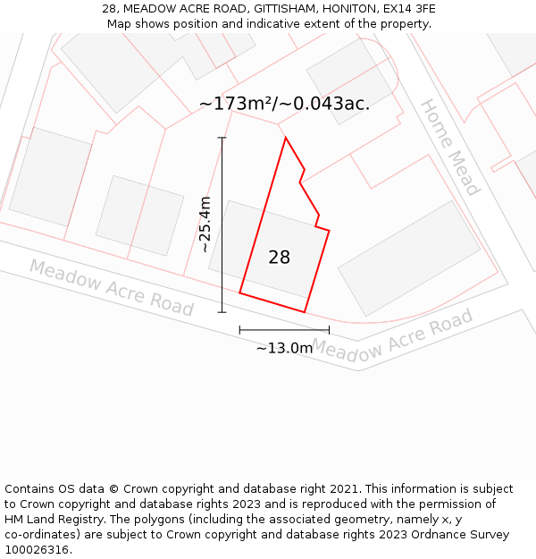 28, MEADOW ACRE ROAD, GITTISHAM, HONITON, EX14 3FE: Plot and title map