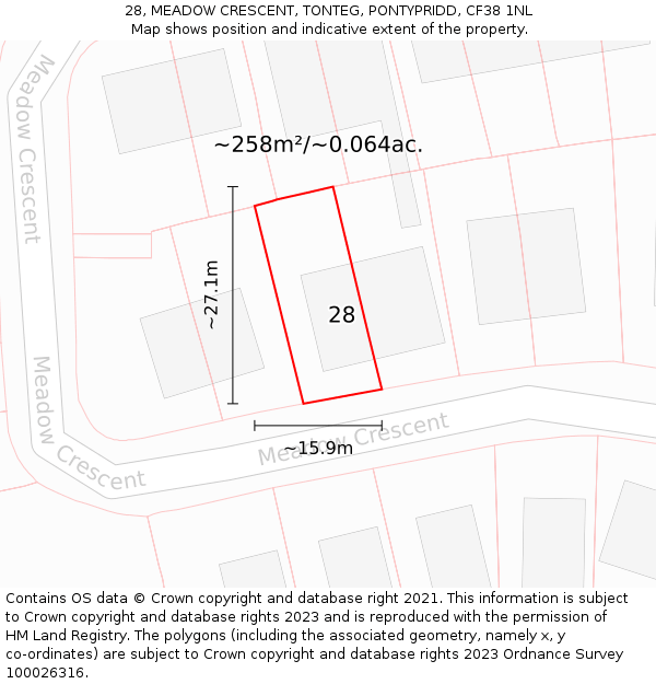 28, MEADOW CRESCENT, TONTEG, PONTYPRIDD, CF38 1NL: Plot and title map