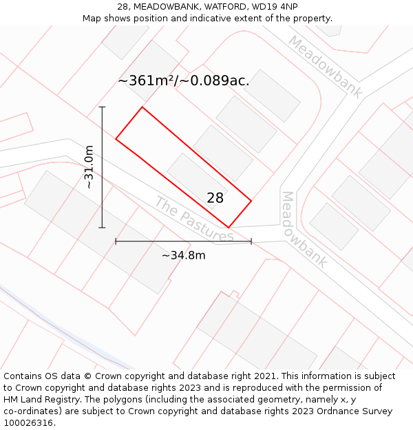 28, MEADOWBANK, WATFORD, WD19 4NP: Plot and title map