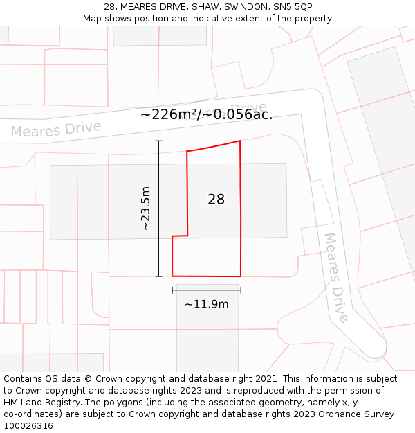 28, MEARES DRIVE, SHAW, SWINDON, SN5 5QP: Plot and title map