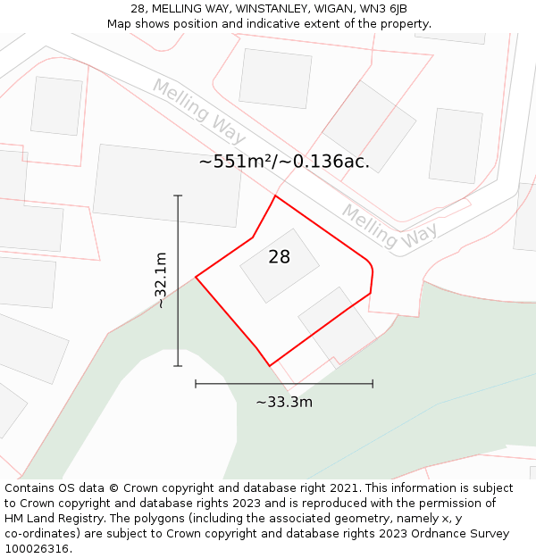 28, MELLING WAY, WINSTANLEY, WIGAN, WN3 6JB: Plot and title map