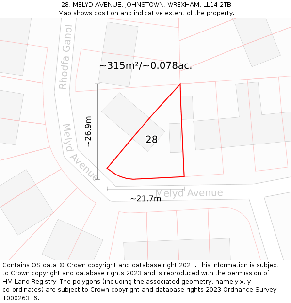 28, MELYD AVENUE, JOHNSTOWN, WREXHAM, LL14 2TB: Plot and title map