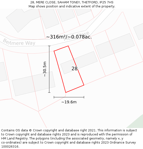 28, MERE CLOSE, SAHAM TONEY, THETFORD, IP25 7HS: Plot and title map