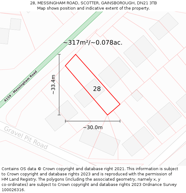 28, MESSINGHAM ROAD, SCOTTER, GAINSBOROUGH, DN21 3TB: Plot and title map