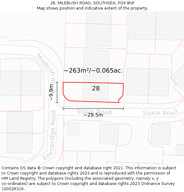 28, MILEBUSH ROAD, SOUTHSEA, PO4 8NF: Plot and title map