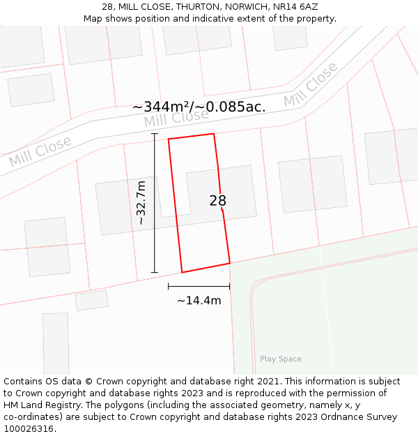 28, MILL CLOSE, THURTON, NORWICH, NR14 6AZ: Plot and title map