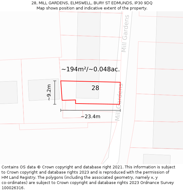 28, MILL GARDENS, ELMSWELL, BURY ST EDMUNDS, IP30 9DQ: Plot and title map