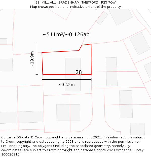 28, MILL HILL, BRADENHAM, THETFORD, IP25 7QW: Plot and title map