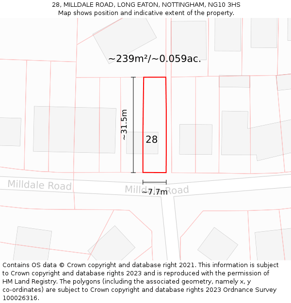 28, MILLDALE ROAD, LONG EATON, NOTTINGHAM, NG10 3HS: Plot and title map