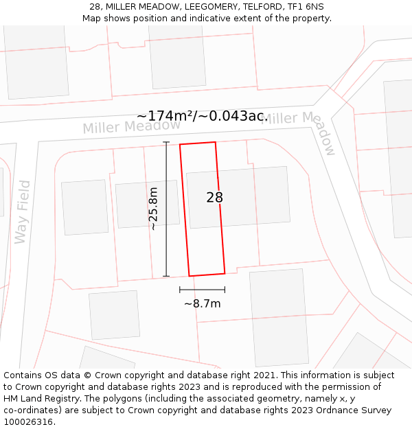 28, MILLER MEADOW, LEEGOMERY, TELFORD, TF1 6NS: Plot and title map