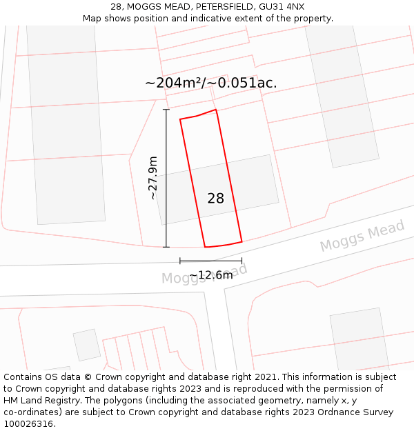 28, MOGGS MEAD, PETERSFIELD, GU31 4NX: Plot and title map