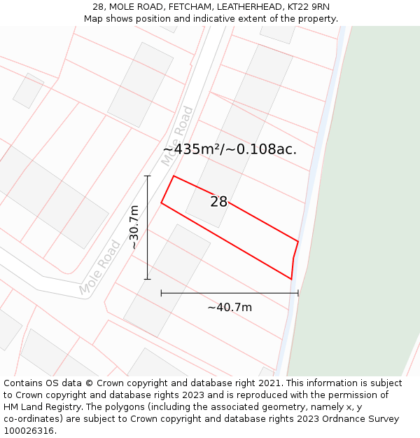 28, MOLE ROAD, FETCHAM, LEATHERHEAD, KT22 9RN: Plot and title map