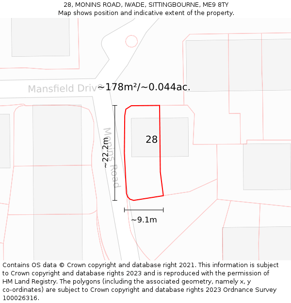 28, MONINS ROAD, IWADE, SITTINGBOURNE, ME9 8TY: Plot and title map