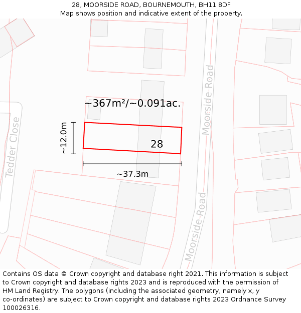 28, MOORSIDE ROAD, BOURNEMOUTH, BH11 8DF: Plot and title map