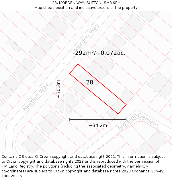 28, MORDEN WAY, SUTTON, SM3 9PH: Plot and title map