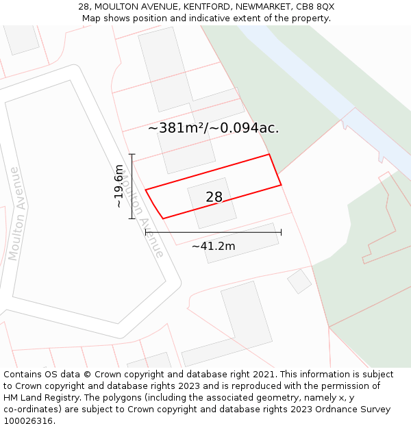 28, MOULTON AVENUE, KENTFORD, NEWMARKET, CB8 8QX: Plot and title map