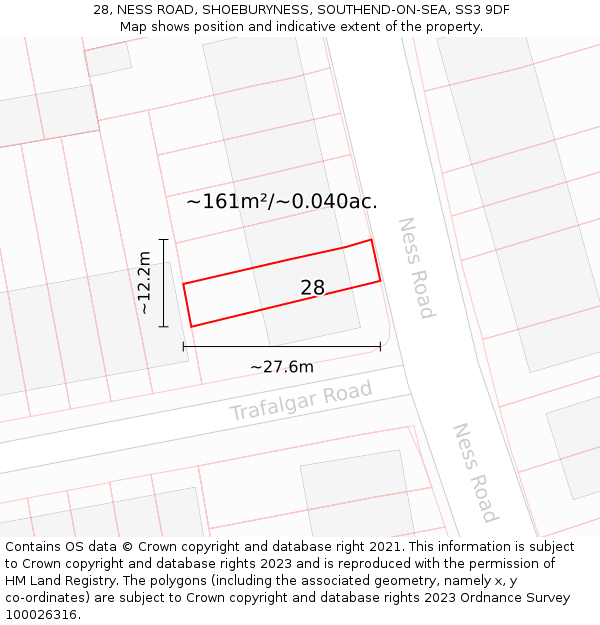 28, NESS ROAD, SHOEBURYNESS, SOUTHEND-ON-SEA, SS3 9DF: Plot and title map