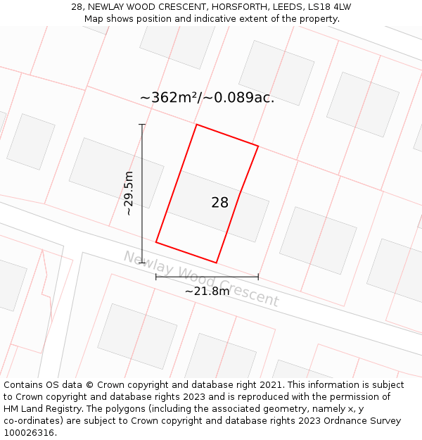 28, NEWLAY WOOD CRESCENT, HORSFORTH, LEEDS, LS18 4LW: Plot and title map