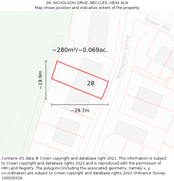 28, NICHOLSON DRIVE, BECCLES, NR34 9UX: Plot and title map