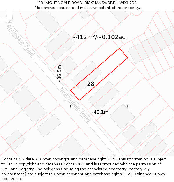 28, NIGHTINGALE ROAD, RICKMANSWORTH, WD3 7DF: Plot and title map