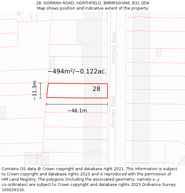 28, NORMAN ROAD, NORTHFIELD, BIRMINGHAM, B31 2EW: Plot and title map