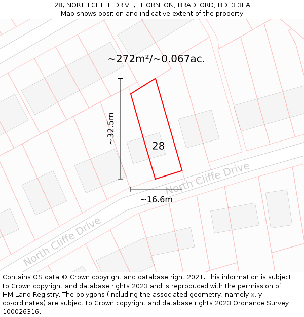 28, NORTH CLIFFE DRIVE, THORNTON, BRADFORD, BD13 3EA: Plot and title map