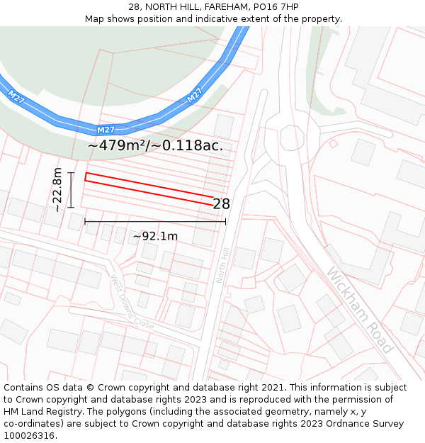 28, NORTH HILL, FAREHAM, PO16 7HP: Plot and title map