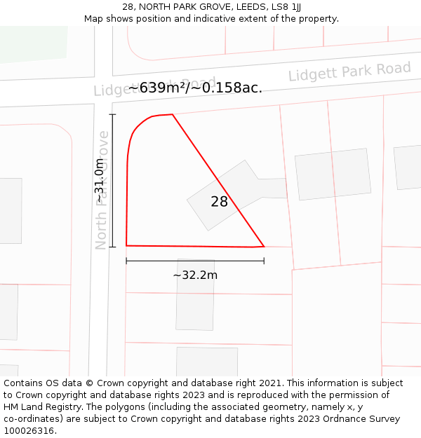 28, NORTH PARK GROVE, LEEDS, LS8 1JJ: Plot and title map