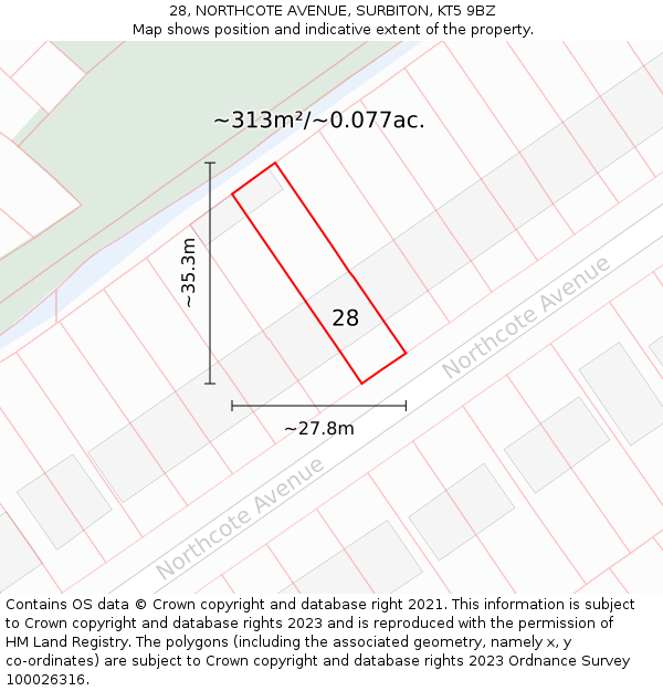 28, NORTHCOTE AVENUE, SURBITON, KT5 9BZ: Plot and title map