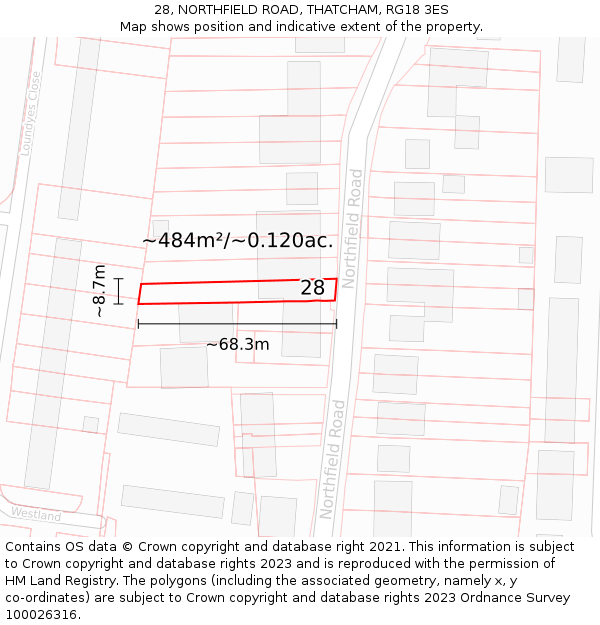 28, NORTHFIELD ROAD, THATCHAM, RG18 3ES: Plot and title map