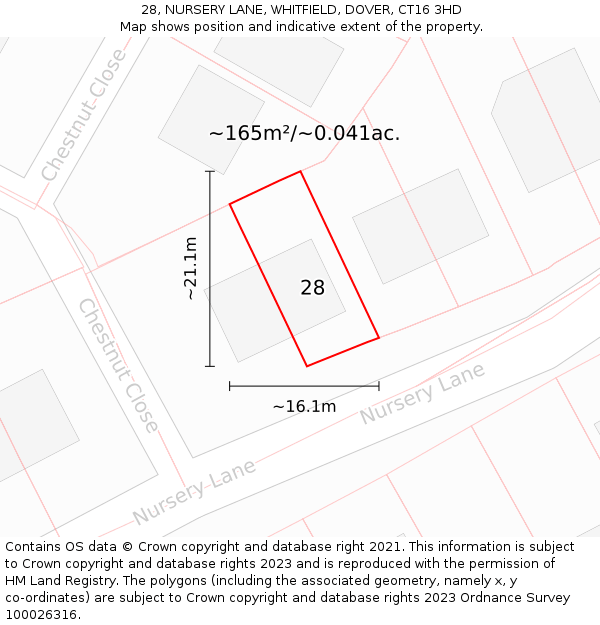 28, NURSERY LANE, WHITFIELD, DOVER, CT16 3HD: Plot and title map