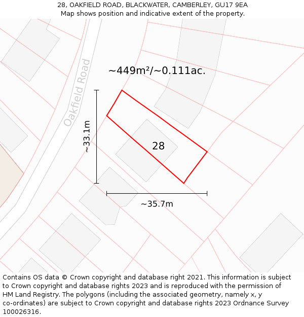 28, OAKFIELD ROAD, BLACKWATER, CAMBERLEY, GU17 9EA: Plot and title map