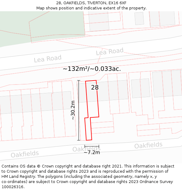 28, OAKFIELDS, TIVERTON, EX16 6XF: Plot and title map