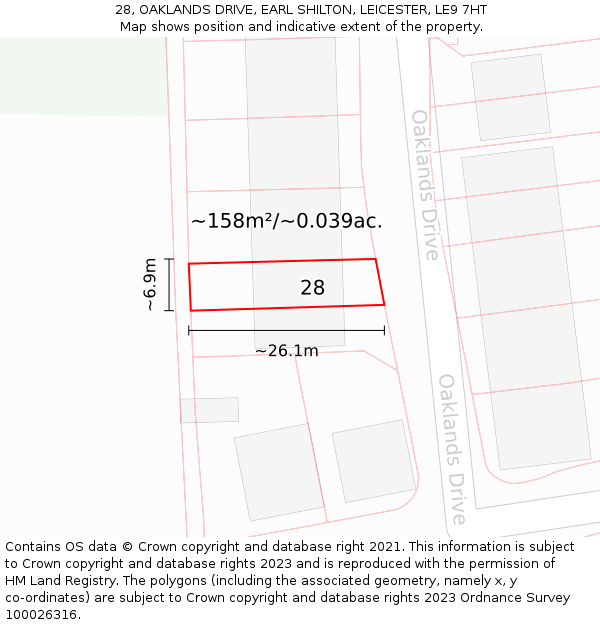 28, OAKLANDS DRIVE, EARL SHILTON, LEICESTER, LE9 7HT: Plot and title map