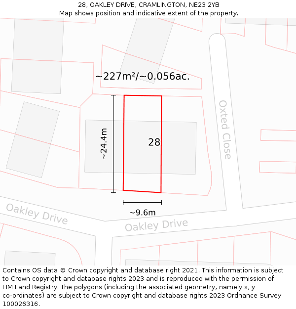 28, OAKLEY DRIVE, CRAMLINGTON, NE23 2YB: Plot and title map