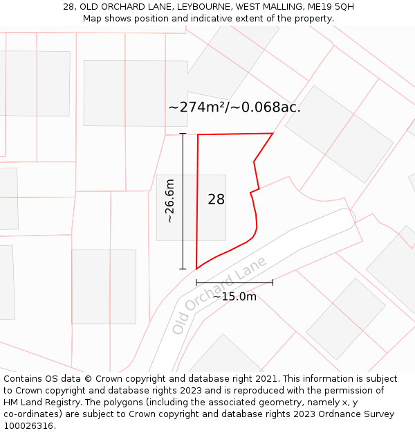 28, OLD ORCHARD LANE, LEYBOURNE, WEST MALLING, ME19 5QH: Plot and title map