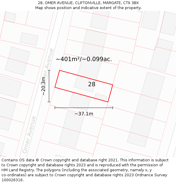 28, OMER AVENUE, CLIFTONVILLE, MARGATE, CT9 3BX: Plot and title map