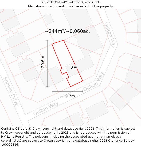 28, OULTON WAY, WATFORD, WD19 5EL: Plot and title map