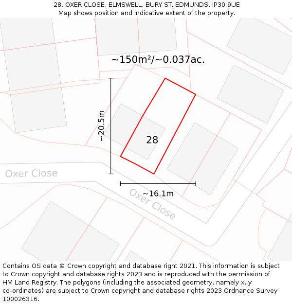 28, OXER CLOSE, ELMSWELL, BURY ST. EDMUNDS, IP30 9UE: Plot and title map