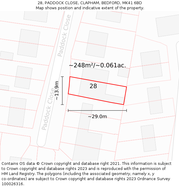 28, PADDOCK CLOSE, CLAPHAM, BEDFORD, MK41 6BD: Plot and title map
